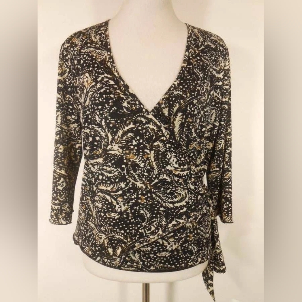 COLDWATER CREEK | Small Black/Cream/Gold Wrap-around Blouse. 3/4 Length Sleeve